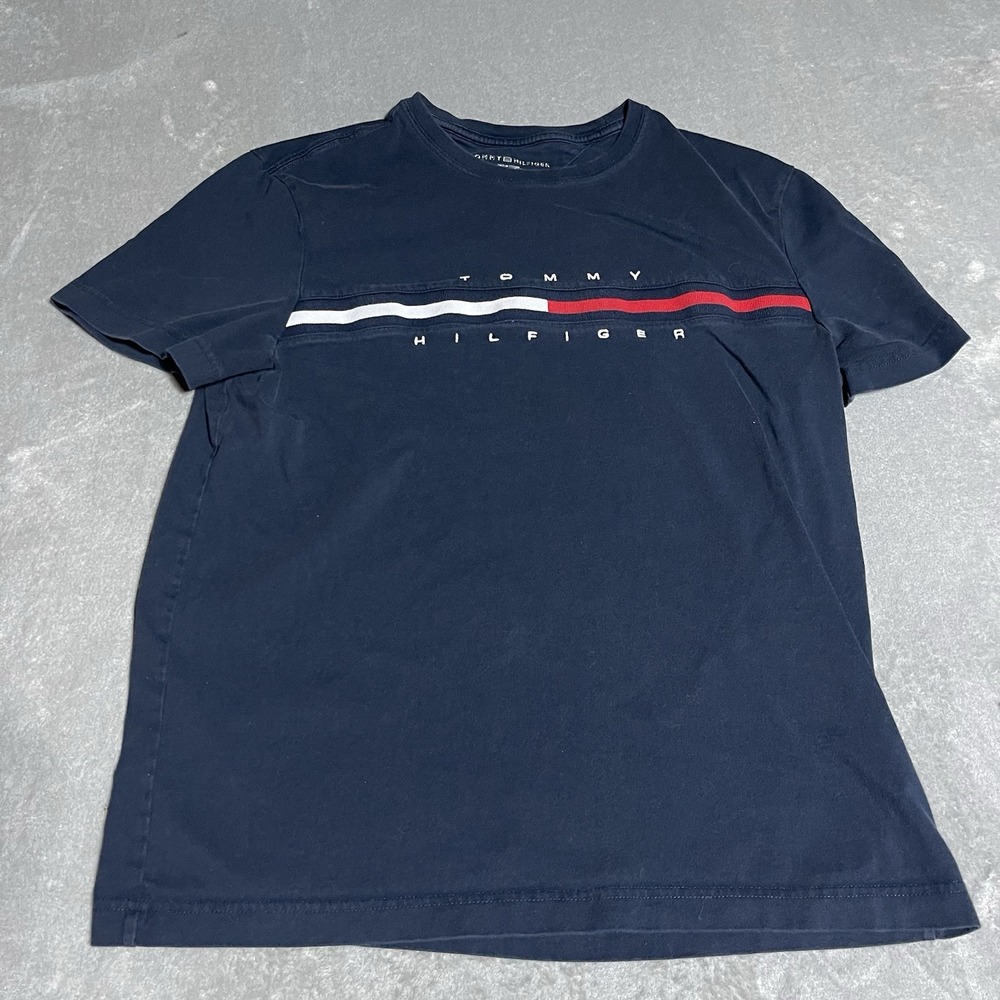 Y2K Tommy Hilfiger Shirt Adult Medium Navy Blue Faded Spellout Logo‎